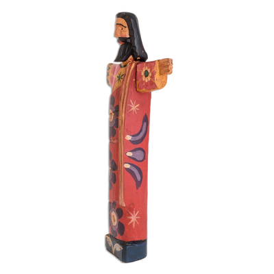 Holzstatuette - Handbemalte florale Jesus-Statuette aus Holz aus Guatemala