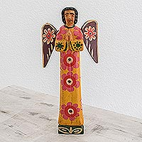 Wood statuette, 'Call of God' - Hand-Painted Floral Wood Angel Statuette from Guatemala