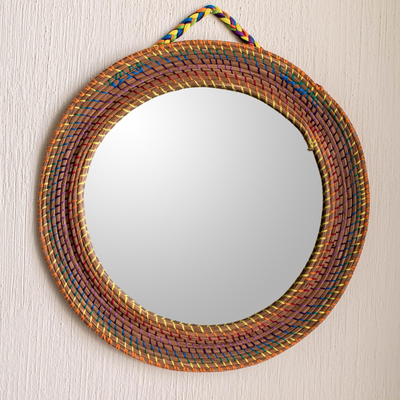 Pine needle wall mirror, 'Natural Reflections' - Colorful Round Wall Mirror Framed with Pine Needles