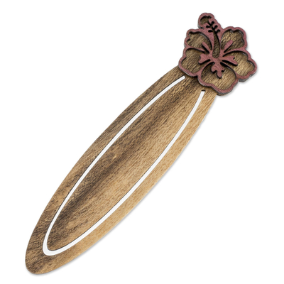 Recycled teak wood bookmark, 'Tropical Hibiscus' - Handcrafted Recycled Teak Hibiscus Theme Bookmark