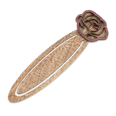 Recycled teak wood bookmark, 'Blossoming Rose' - Handcrafted Recycled Teak Floral Rose Theme Bookmark