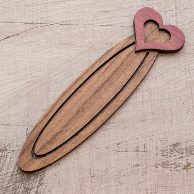 Recycled teak wood bookmark, 'Book Lovers' - Handcrafted Recycled Teak Heart Theme Bookmark