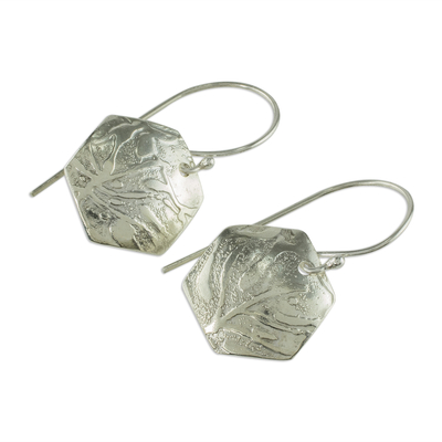 Sterling silver dangle earrings, 'Molten Hexagons' - Sterling Silver Hexagon Earrings with Lava-Like Textures