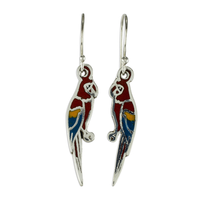 Enameled sterling silver earrings, 'Scarlet Macaws' - Enameled Sterling Silver Costa Rican Macaw Earrings
