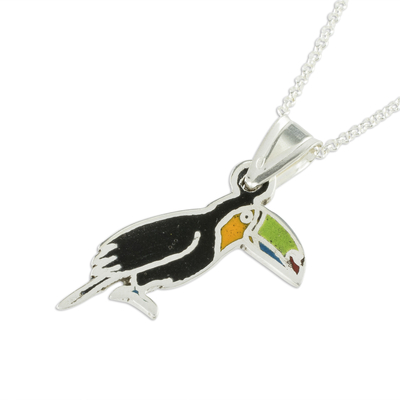 Enameled sterling silver pendant necklace, 'Colorful Toucan' - Enameled Sterling Silver Costa Rican Toucan Pendant Necklace