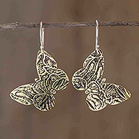 Pendientes colgantes de bronce, 'Butterfly Quest' - Pendientes de mariposa con textura de bronce con ganchos de plata esterlina
