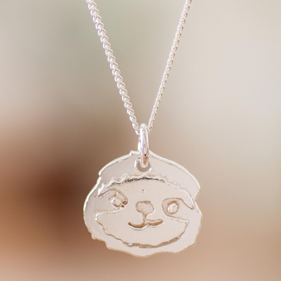 Sterling silver pendant necklace, 'Smiling Sloth' - Sterling Silver Costa Rican Sloth Pendant Necklace