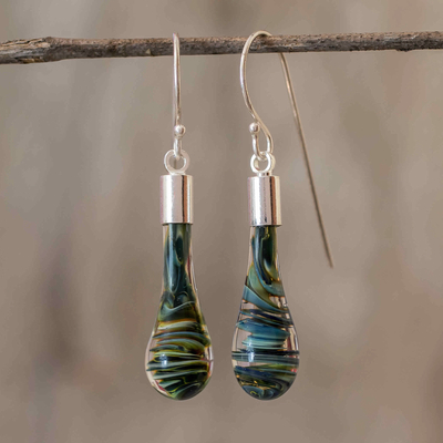 Art glass dangle earrings, 'Cool Vortex' - Costa Rica Artisan Crafted Art Glass Earrings with Silver