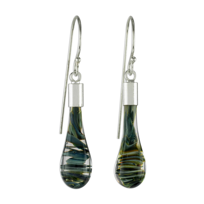 Art glass dangle earrings, 'Cool Vortex' - Costa Rica Artisan Crafted Art Glass Earrings with Silver