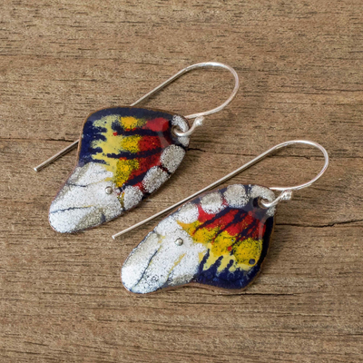 Enameled copper dangle earrings, 'Butterfly Fantasy' - Enameled Sterling Silver Costa Rican Macaw Earrings