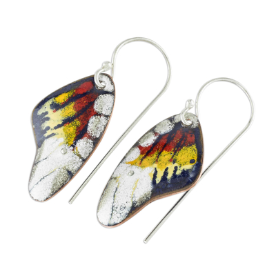 Enameled copper dangle earrings, 'Butterfly Fantasy' - Enameled Sterling Silver Costa Rican Macaw Earrings