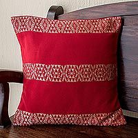 Cotton cushion cover, 'Mountains and Valleys in Red' - Hand Loomed Red Cotton Cushion Cover