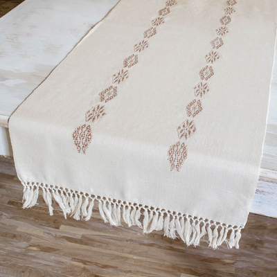 Cotton table runner, 'Mountains and Valleys in Ecru' - Hand Woven Cotton Table Runner in Ecru