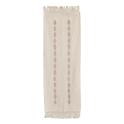 Cotton table runner, 'Mountains and Valleys in Ecru' - Hand Woven Cotton Table Runner in Ecru