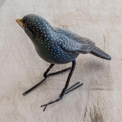 Ceramic figurine, 'Black Starling' - Guatemalan Handcrafted Posable Ceramic Starling Figurine