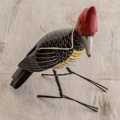 Ceramic figurine, 'Helmeted Woodpecker' - Handcrafted Posable Ceramic Helmeted Woodpecker Figurine