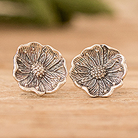 Sterling silver button earrings, 'Wayside Blossom'