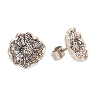 Sterling silver button earrings, 'Wayside Blossom' - Wildflower Sterling Silver Button Earrings