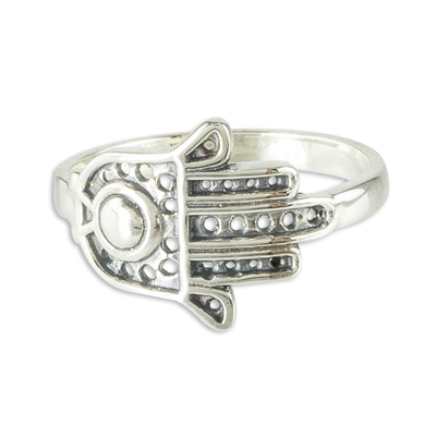 Sterling silver cocktail ring, 'Fatima's Hand' - Sterling Silver Heart Hamsa Hand of Fatima Ring