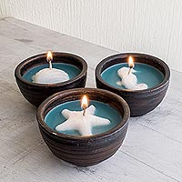 Ceramic filled candle set, 'Sea Breeze' (set of 3)