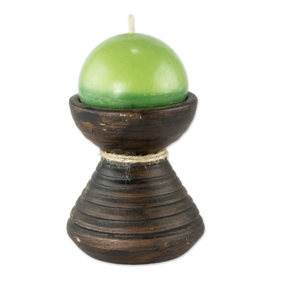 Ceramic candleholder with candle, 'Natural Light in Green' - Round Green Candle with Ceramic Candleholder
