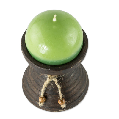 Ceramic candleholder with candle, 'Natural Light in Green' - Round Green Candle with Ceramic Candleholder