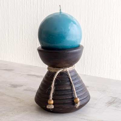Ceramic candleholder with candle, 'Natural Light in Blue' - Handmade Blue Candle in Ceramic Candleholder