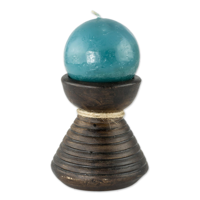 Keramischer Kerzenhalter mit Kerze - Handgefertigte blaue Kerze im Keramik-Kerzenhalter
