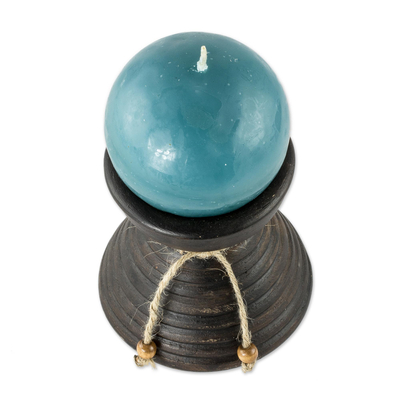 Portavelas de cerámica con vela - Vela azul hecha a mano en portavelas de cerámica