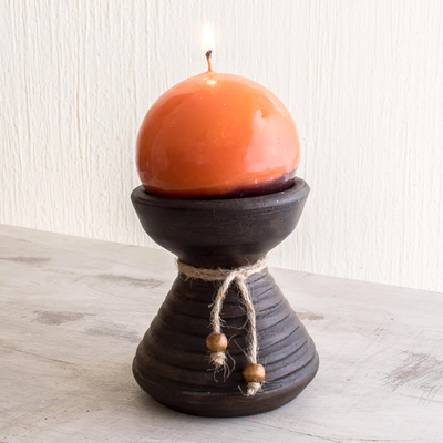 Ceramic candleholder with candle, 'Natural Light in Orange' - Brown Ceramic Candleholder with Handmade Orange Candle