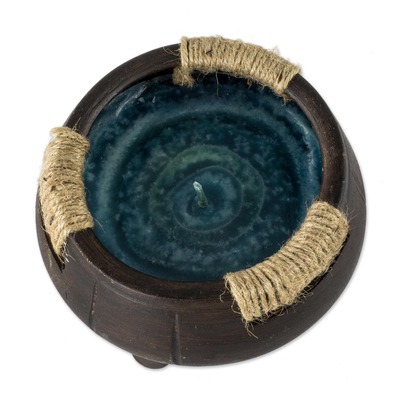 Ceramic jar candle, 'Turquoise Sea' - Hand Crafted Brown Ceramic Filled Jar Candle