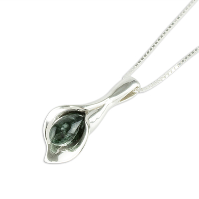Jade pendant necklace, 'Dark Green Calla Lily' - Silver and Dark Green Jade Floral Necklace from Guatemala