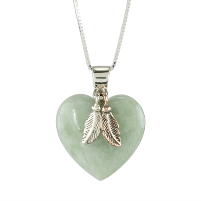 Natural Mint Green Jade and Sterling Silver Heart Necklace