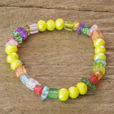 Glass beaded bracelet, 'Be Happy' - Handcrafted colourful Glass Beaded Stretch Bracelet