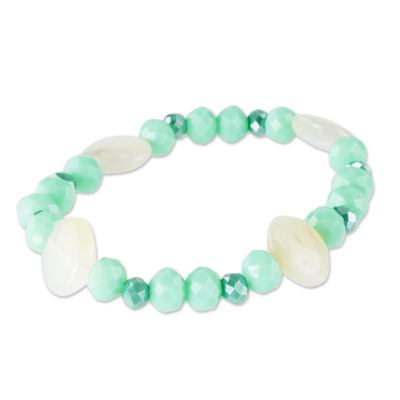 Glass beaded bracelet, 'Aqua Glam' - Handcrafted White and Aqua Glass Beaded Stretch Bracelet