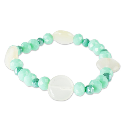Glass beaded bracelet, 'Aqua Glam' - Handcrafted White and Aqua Glass Beaded Stretch Bracelet
