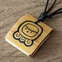 Bamboo pendant necklace, 'Mayan Protection Goddess' - Bamboo Pendant Necklace with a Maya Protection Goddess Glyph