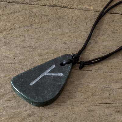 Jade pendant necklace, 'Rune Kaun' - Unique Hand Carved Jade Rune Necklace