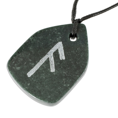 Jade pendant necklace, 'Rune Ansuz' - Hand Crafted Unisex Jade Rune Necklace