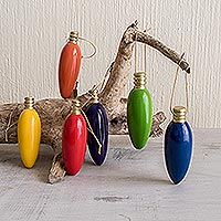 Wood ornaments, 'Christmas Tree Lights' (set of 6) - Artisan Crafted 6 Piece Set of Christmas Light Ornaments