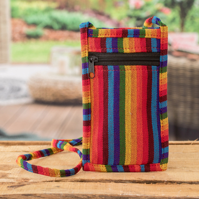 Cotton cell phone sling, 'Rainbow Days' - Multicoloured Hand Woven Cotton Cell Phone Sling Bag