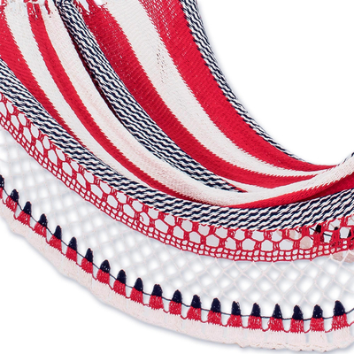 Cotton rope hammock, 'Patriot' (single) - Single All-Cotton Red White and Blue Hammock