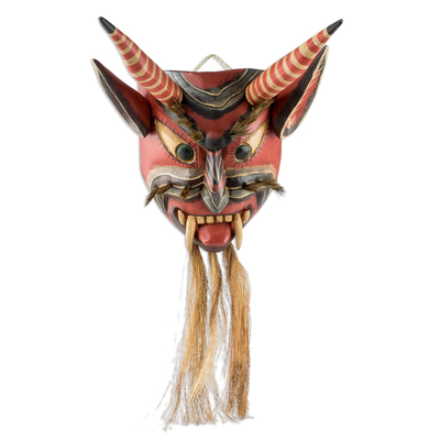 Wood mask, 'Bearded Devil' - Pine Wood And Agave Fiber Red Devil Mask From Guatemala