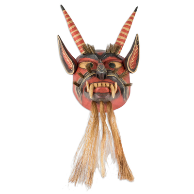 Wood mask, 'Bearded Devil' - Pine Wood and Agave Fiber Red Devil Mask from Guatemala