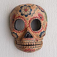 Wood mask, 'Flirty Floral Skull' - Handcrafted Day of the Dead Floral Skeleton Mask