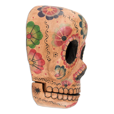 Wood mask, 'Flirty Floral Skull' - Handcrafted Day of the Dead Floral Skeleton Mask
