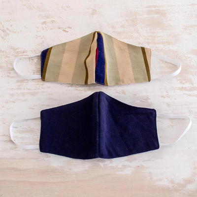 Cotton face masks 'Patience and Hope' (pair) - 2 Handwoven 3-Layer Masks in Stripe & Solid Blue Cotton
