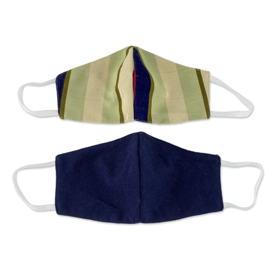Cotton face masks, 'Patience and Hope' (pair) - 2 Handwoven 3-Layer Masks in Stripe & Solid Blue Cotton