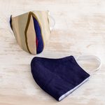 Cotton face masks, 'Patience and Hope' (pair) - 2 Handwoven 3-Layer Masks in Stripe & Solid Blue Cotton