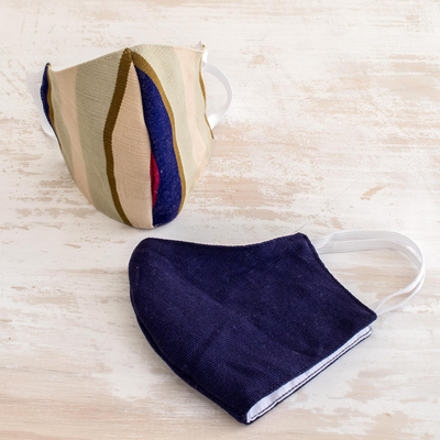 Cotton face masks 'Patience and Hope' (pair) - 2 Handwoven 3-Layer Masks in Stripe & Solid Blue Cotton